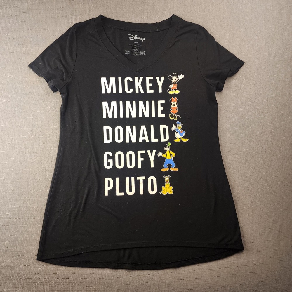 Disney Mickey Minnie Donald Goofy Pluto V Neck Graphic T Shirt Black Small